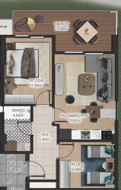 2+1 Açık Mutfak daire planı